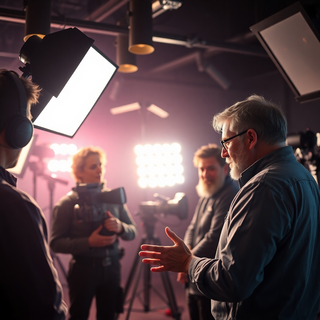 Create an image of a director discussing lighting setup with the crew on set, clearly demonstrating the adjustable lighting elements. The background should feature various color gels and equipment, creating a spectrum of possibilities. Strategic lighting should give a sense of depth and mood, highlighting the team's focus and determination. Capture the excitement and creativity inherent in filmmaking.
