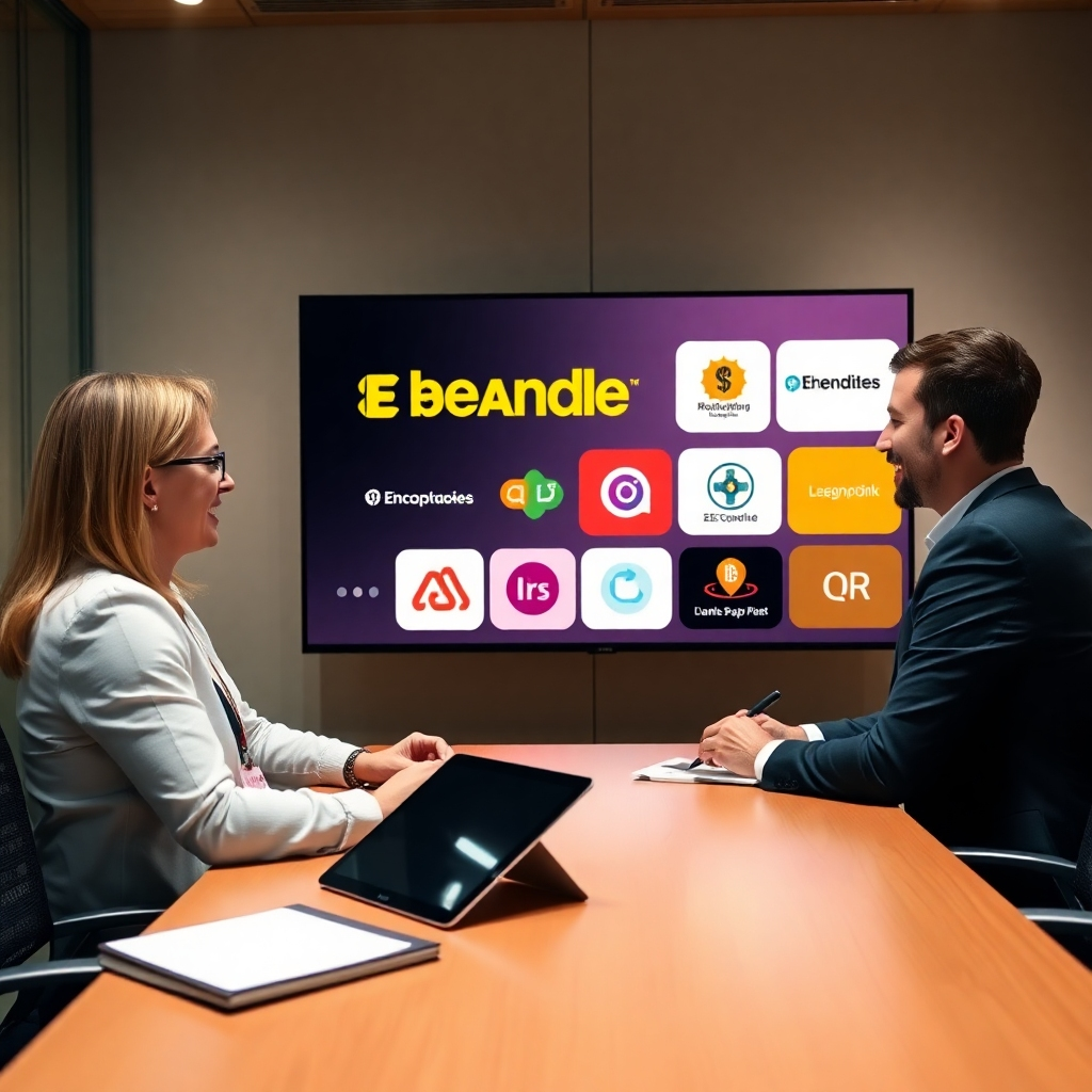 Design an engaging scenario of a consultant discussing branding strategies with a client in a sleek meeting room. A large screen should showcase brand elements like logos and color schemes in action. Use warm, inviting lighting to create a friendly yet professional atmosphere. Include details like digital tablets and notebooks to emphasize collaboration in branding.